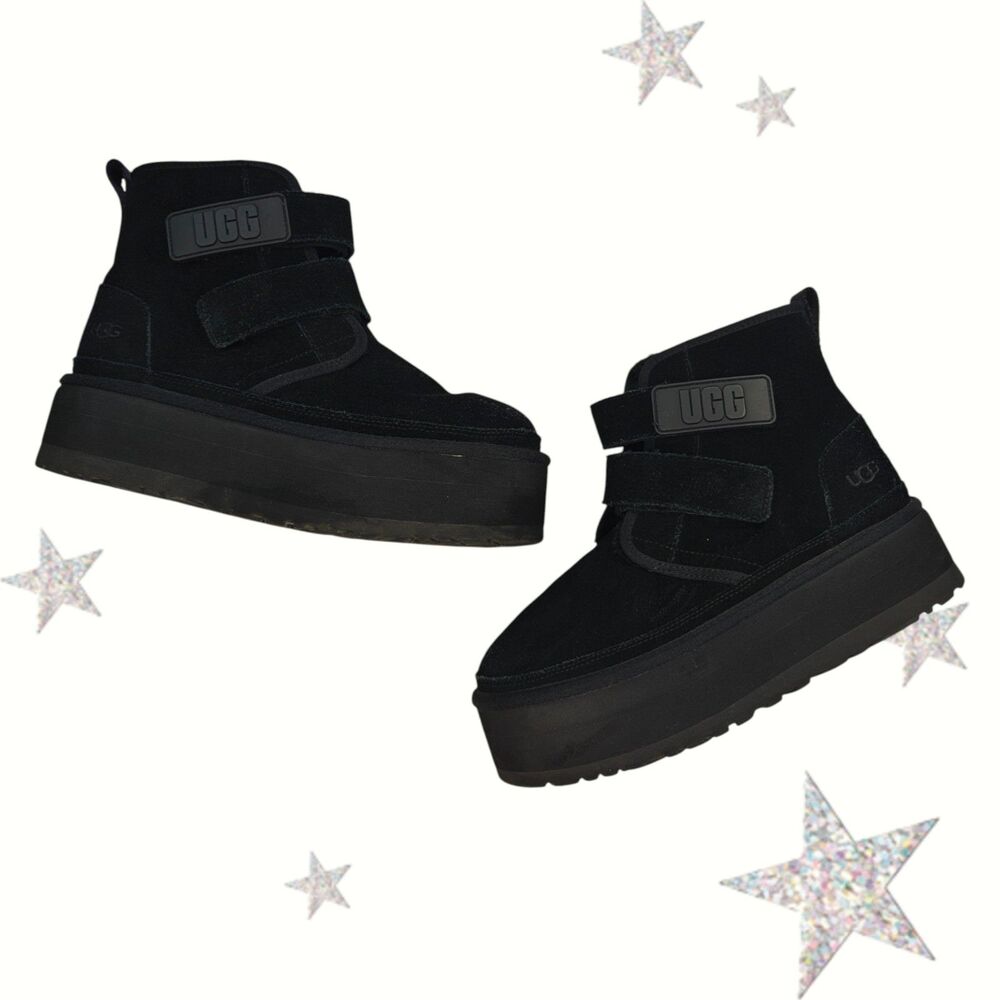 UGG Neumel Double Strap Logo Chunky Platform Black Suede Leather Boot